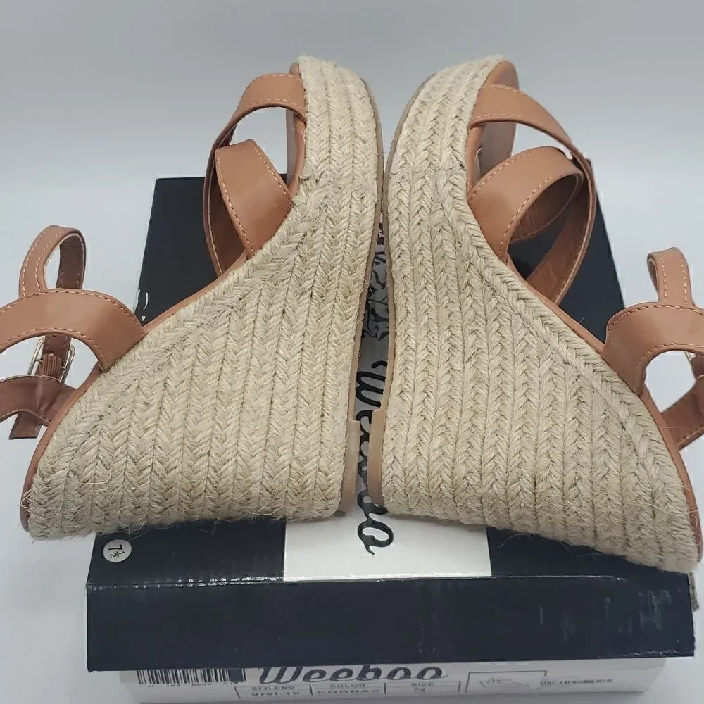 Weeboo Tan Mid High Heel Wedge Strappy Buckle Espadrille Sandals Size 7.5